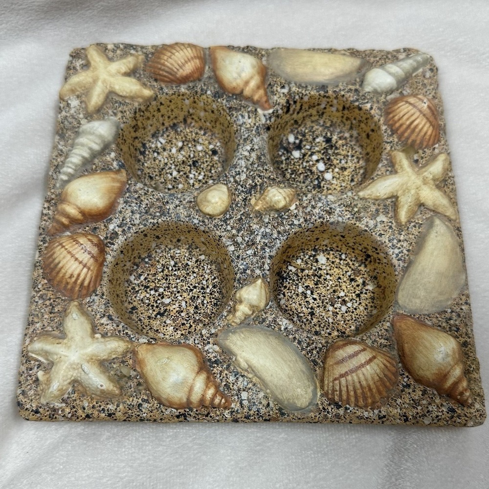 Seashell Tea Light 4 Candle Holder Centerpiece Sand Beach Nautical Square Votive